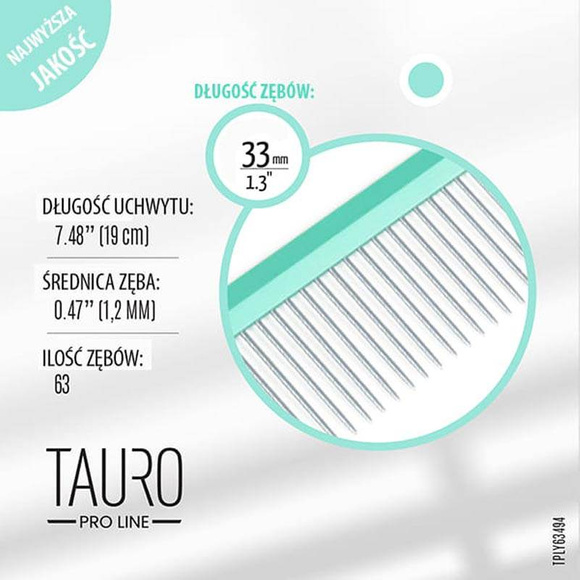 Tauro Pro Line - ultra lekki grzebień aluminiowy, 19cm, kolor miętowy, 63 zęby o długości 33mm