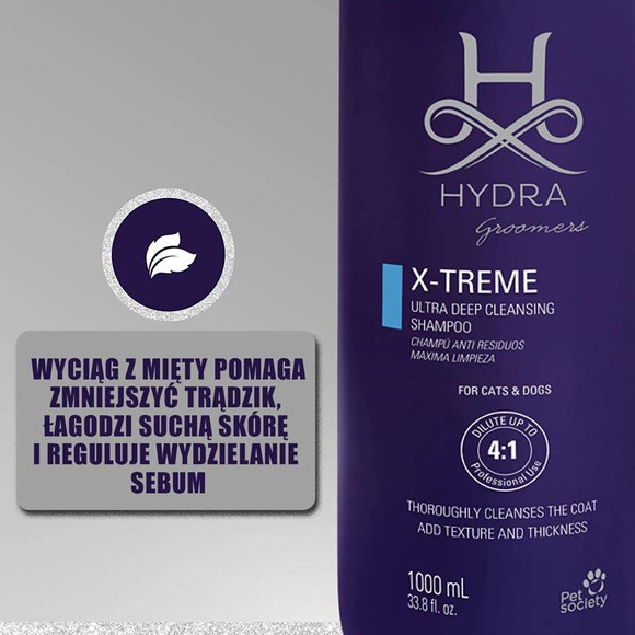 Hydra Professional X-Treme Clarifying Shampoo - szampon głęboko oczyszczający, odtłuszczający, dla psów i kotów, koncentrat 4:1, 1l