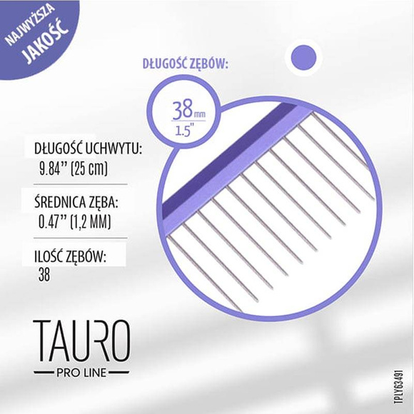 Tauro Pro Line - ultra lekki grzebień aluminiowy, 25cm, kolor fioletowy, 38 zęby o długości 38mm