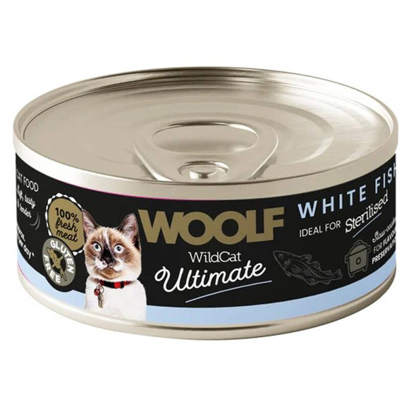 Woolf Ultimate Cat Adult Sterilised White Fish - bezglutenowa, pełnoporcjowa karma wilgotna z wołowiną dla dorosłych, sterylizowanych kotów, 85g