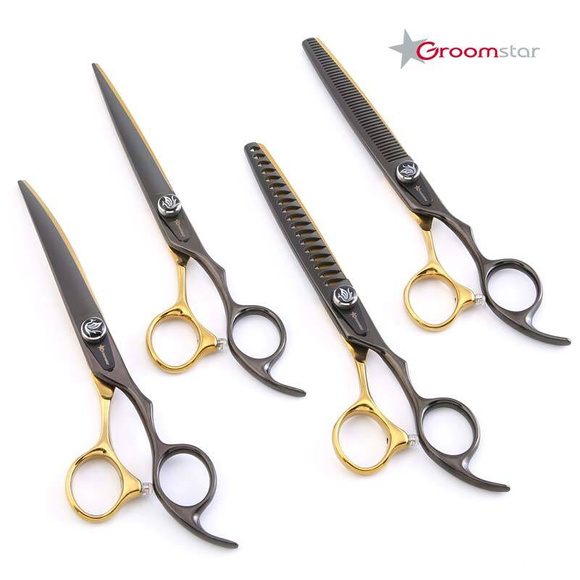 Groomstar - profesjonalne nożyczki groomerskie, zestaw 4 sztuk (proste, gięte, degażówki, chunkersy), 7"