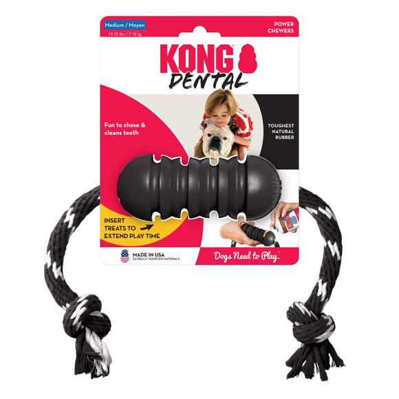 KONG® Extreme Dental w/Rope M - wytrzymała zabawka dla psa, gryzak dentystyczny ze sznurem, czarny