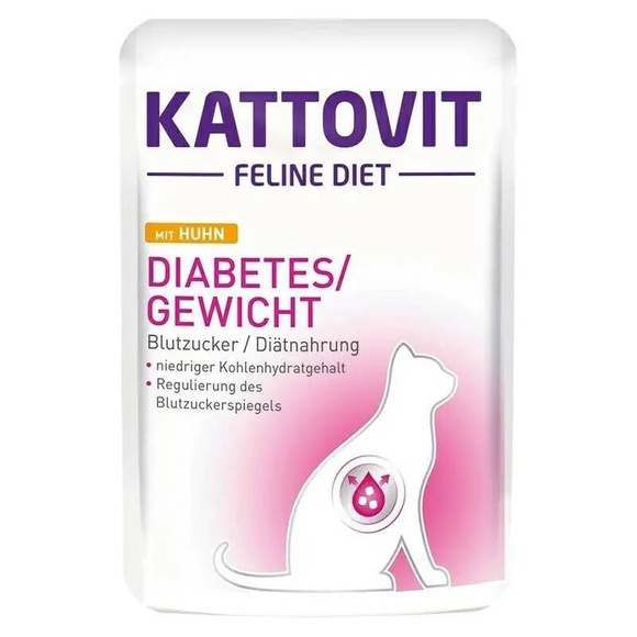 Kattovit Diabetes Chicken - mokra karma z kurczakiem, dla dorosłych kotów chorych na cukrzycę, saszetka 85g