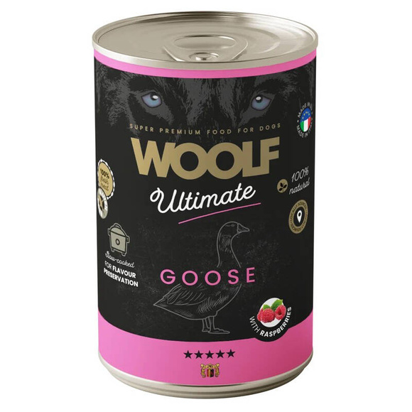 Woolf Ultimate Dog Adult Goose with raspberries - bezglutenowa, pełnoporcjowa karma wilgotna z gęsiną i malinami dla dorosłych psów, 400g