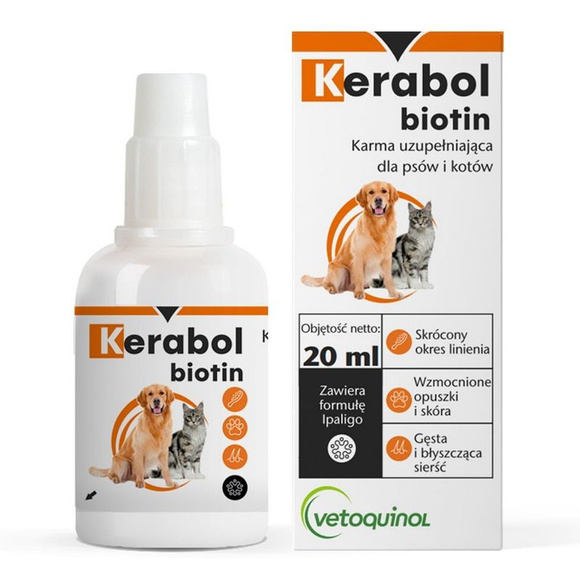 Vetoquinol Kerabol Biotin - karma uzupełniająca do stosowania przy nadmiernym wypadaniu, łamliwej, matowej i suchej sierści psów i kotów, 20ml