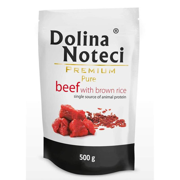 Dolina Noteci Premium Pure Wołowina z brązowym ryżem - pełnoporcjowa mokra karma dla dorosłych psów, saszetka 500g