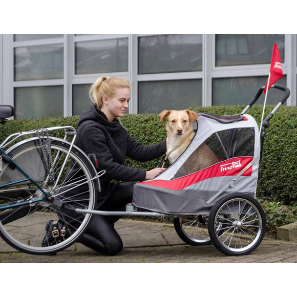 InnoPet Dog Sport Trailer DeLuxe - wózek dla psów o wadze do 30kg, z możliwością podpięcia do roweru, czerwono-szary