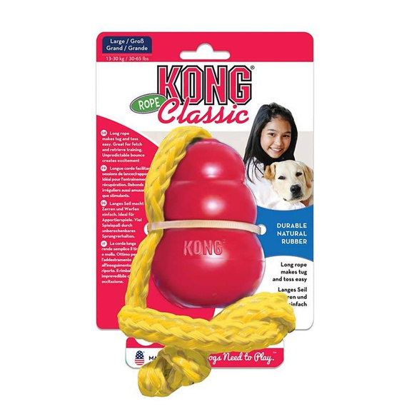 KONG® Classic with Rope - gumowa zabawka dla psa z liną, czerwona