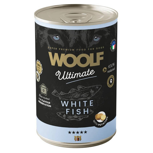 Woolf Ultimate Dog Adult White Fish with potatoes - bezglutenowa, pełnoporcjowa karma wilgotna z rybami i ziemniakami dla dorosłych psów, 400g