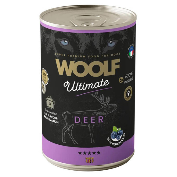 Woolf Ultimate Dog Adult Deer with blueberries - bezglutenowa, pełnoporcjowa karma wilgotna z jeleniną i jagodami dla dorosłych psów, 400g