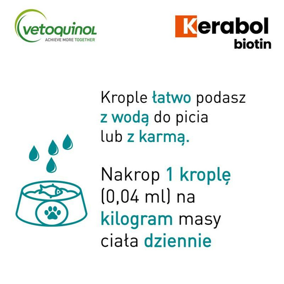 Vetoquinol Kerabol Biotin - karma uzupełniająca do stosowania przy nadmiernym wypadaniu, łamliwej, matowej i suchej sierści psów i kotów, 50ml