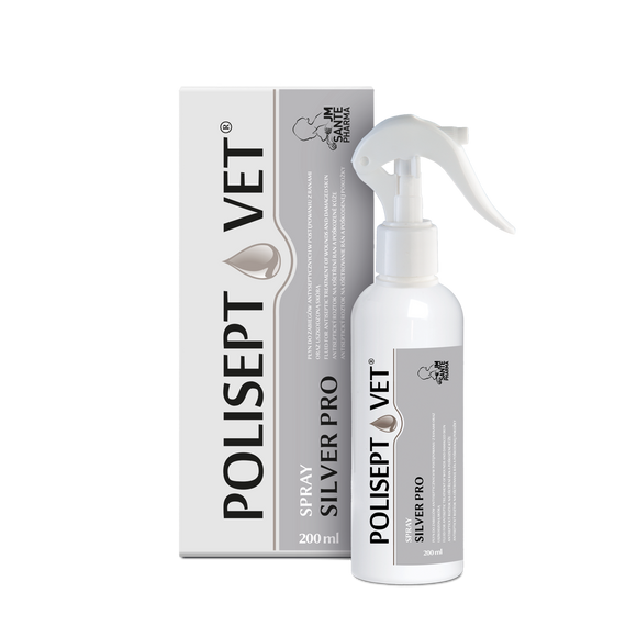 Polisept® Vet Spray Silver Pro  - wzbogacony o nanokoloid srebra płyn do zabiegów antyseptycznych w postępowaniu z ranami oraz uszkodzoną skórą, 200ml