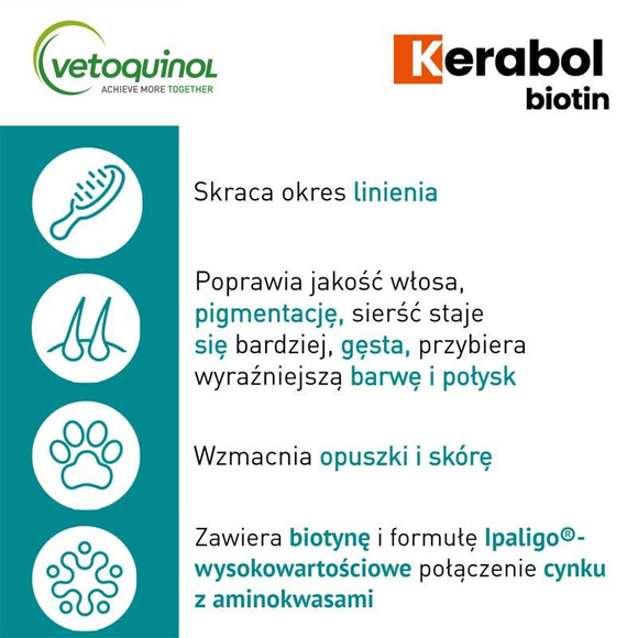 Vetoquinol Kerabol Biotin - karma uzupełniająca do stosowania przy nadmiernym wypadaniu, łamliwej, matowej i suchej sierści psów i kotów, 50ml