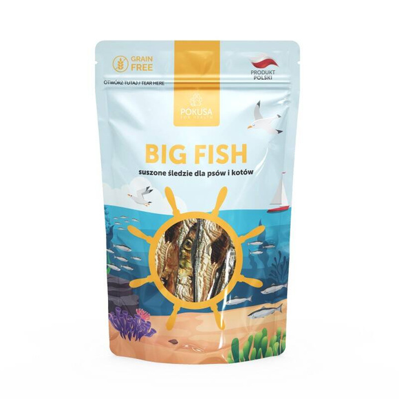 POKUSA Big Fish Snacks - naturalne smaczki treningowe, suszone śledzie dla psów i kotów, 60g