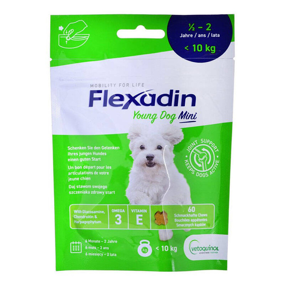 Vetoquinol Flexadin Young Dog Mini - karma uzupełniająca dla szczeniąt i młodych psów poniżej 10kg, dla wsparcia metabolizmu stawów, 60 kąsków (90g)