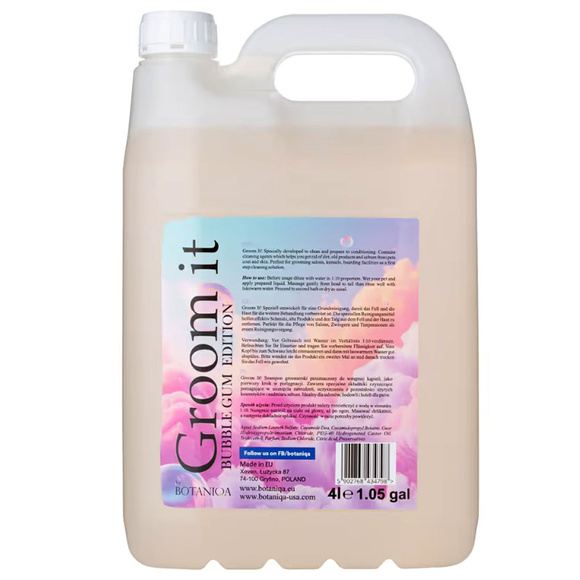 Botaniqa Groom It! Bubble Gum Shampoo - szampon o zapachu gumy balonowej, do pierwszego, wstępnego mycia, 4l