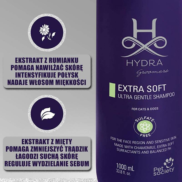 Hydra Professional Extra Soft Ultra Gentle Face and Body Shampoo - hipoalergiczny szampon dla psów i kotów o wrażliwej skórze, do sierści każdego typu, koncentrat 4:1, 1l