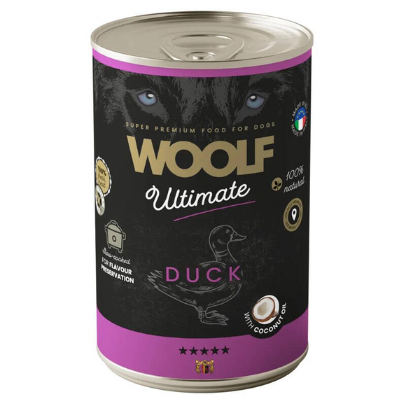 Woolf Ultimate Dog Adult Duck with coconut oil - bezglutenowa, pełnoporcjowa karma wilgotna z kaczką i olejem z kokosa dla dorosłych psów, 400g