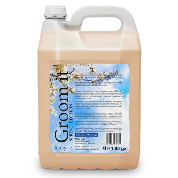 Botaniqa Groom It! Spring Shampoo - szampon o rześkim, wiosennym zapachu, do pierwszego, wstępnego mycia, 4l