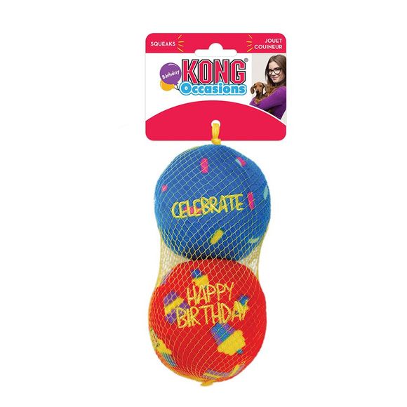 KONG® Occasions Birthday Balls 2-pack M - pluszowe, urodzinowe piłki dla psa (2 sztuki), średnica 8cm