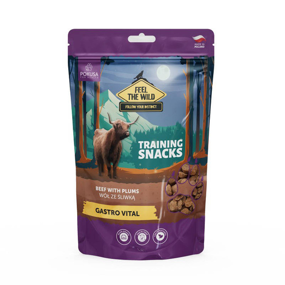 POKUSA Feel The Wild Training Snacks Beef with Plums Gastro Vital - naturalne smaczki treningowe z wołowiną i śliwką dla psów, wspomagają pracę układu trawiennego, 200g