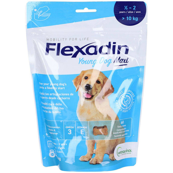 Vetoquinol Flexadin Young Dog Maxi - karma uzupełniająca dla szczeniąt i młodych psów powyżej 10kg, dla wsparcia metabolizmu stawów, 60 kąsków (300g)