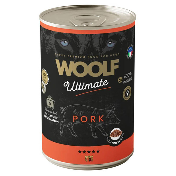 Woolf Ultimate Dog Adult Pork with linseed oil - bezglutenowa, pełnoporcjowa karma wilgotna z wieprzowiną i olejem lnianym dla dorosłych psów, 400g