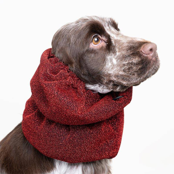 Show Tech Snood Royal Spaniel Red Ear Covers - stylowy komin ochronny na uszy dla Spanieli, chroni podczas spacerów, posiłków, pielęgnacji, czerwony