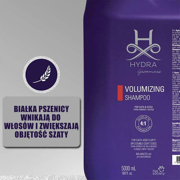 Hydra Professional Volumizing Shampoo - szampon dodający objętości włosom, dla psów i kotów, koncentrat 4:1, 5l