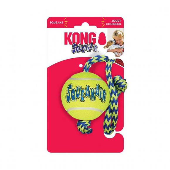 KONG® SqueakAir® Ball with Rope - piłka tenisowa z piszczałką i sznurem M, aport dla psa (6cm)