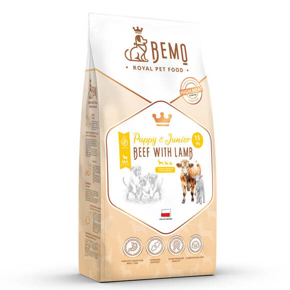 BEMO Puppy & Junior Beef with Lamb Medium&Large - sucha karma premium dla szczeniąt ras średnich i dużych, wołowina z jagnięciną