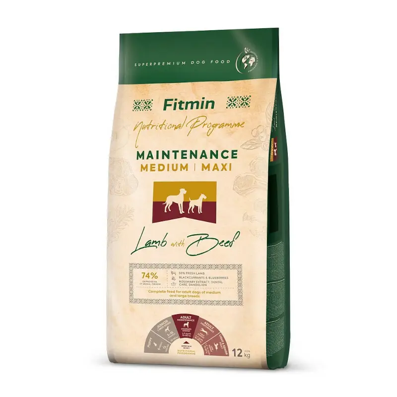 FITMIN Dog Medium Maxi Maintenance Lamb&Beef - kompletna karma dla dorosłych psów ras średnich i dużych, 12kg