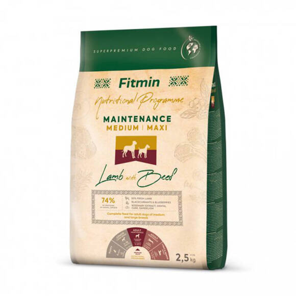 FITMIN Dog Medium Maxi Maintenance Lamb&Beef - kompletna karma dla dorosłych psów ras średnich i dużych, 2.5kg