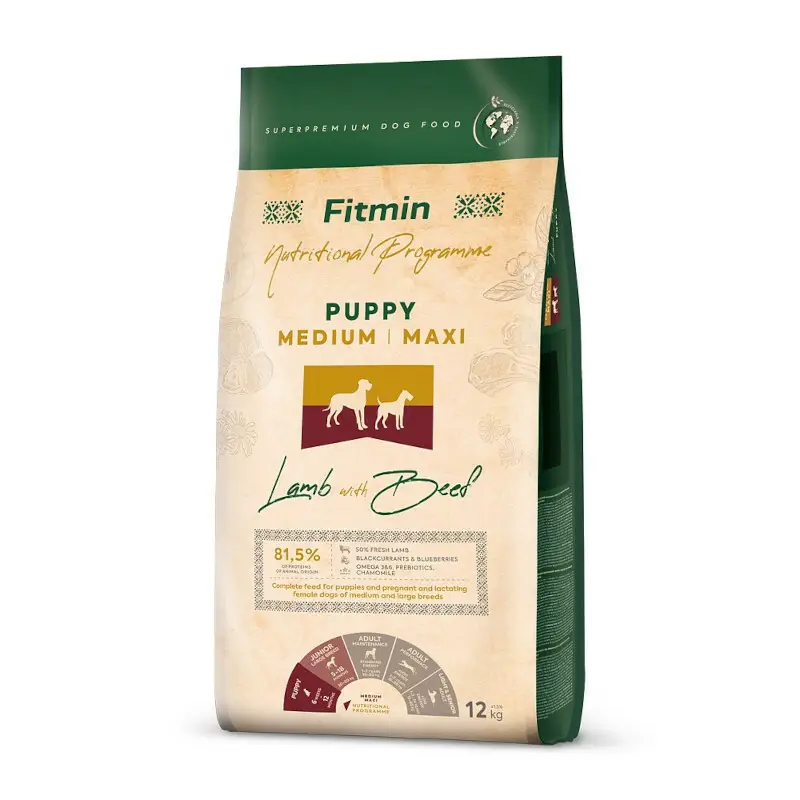 FITMIN Dog Medium Maxi Puppy Lamb&Beef - kompletna karma dla szczeniąt psów ras średnich i dużych, 12kg