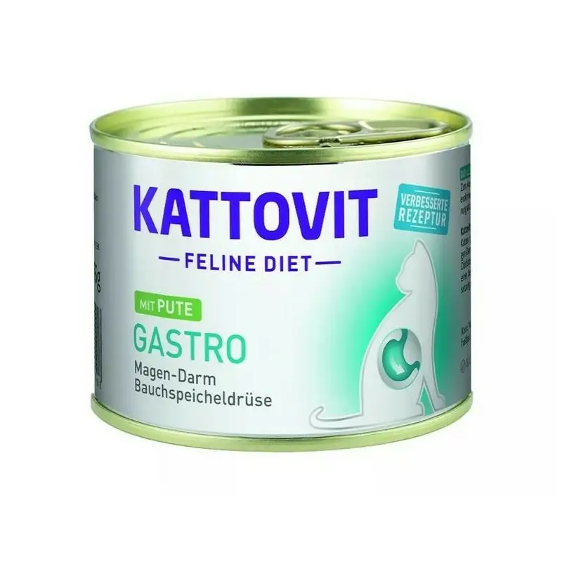 Kattovit Gastro Turkey - mokra karma z indykiem dla dorosłych kotów cierpiących na problemy z przewodem pokarmowym, puszka 185g