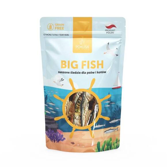 POKUSA Big Fish Snacks - naturalne smaczki treningowe, suszone śledzie dla psów i kotów, 60g