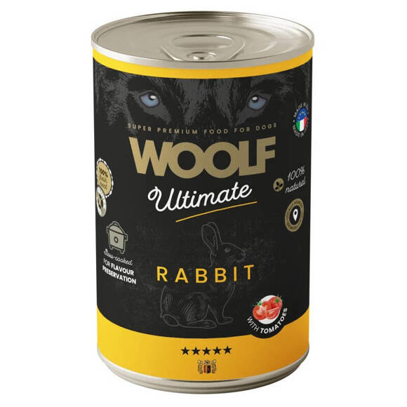 Woolf Ultimate Dog Adult Rabbit with tomatoes - bezglutenowa, pełnoporcjowa karma wilgotna z królikiem i pomidorami dla dorosłych psów, 400g