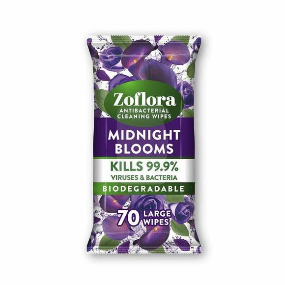 Zoflora Midnight Blooms Antibacterial Cleaning Wipes - zapachowe chusteczki do dezynfekcji przedmiotów i powierzchni, 70 sztuk